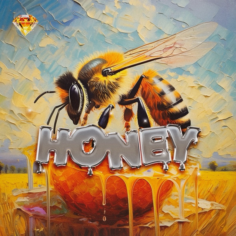 Illustrated bee above dripping honey-style HONEY lettering