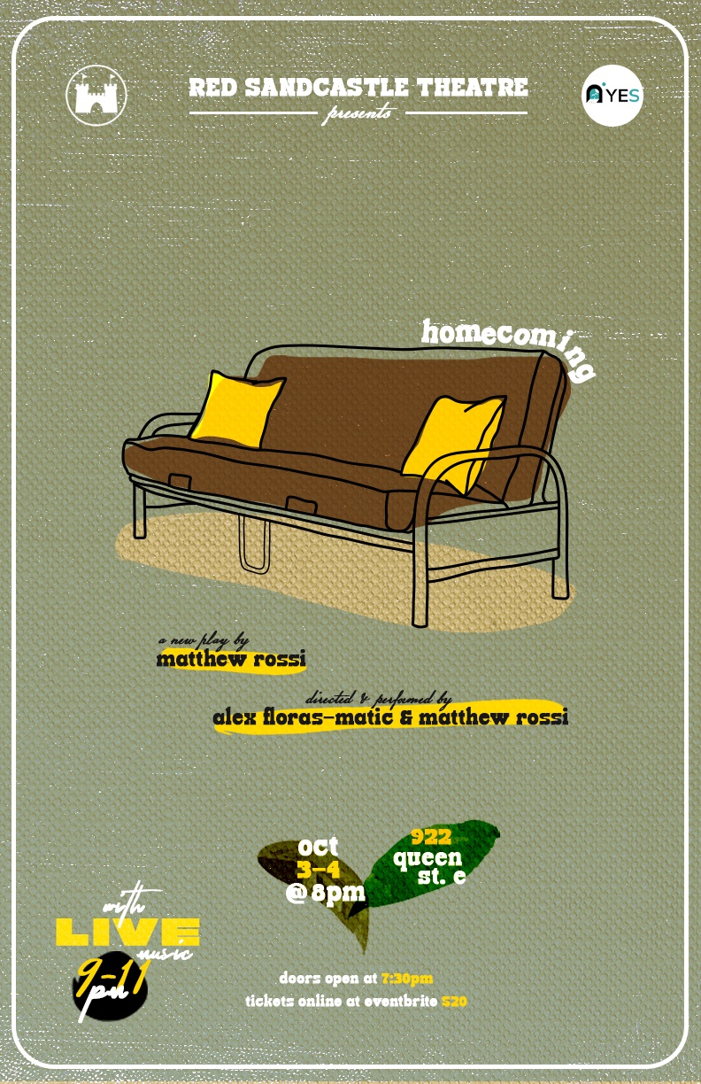 Green theatre poster with an illustrated futon