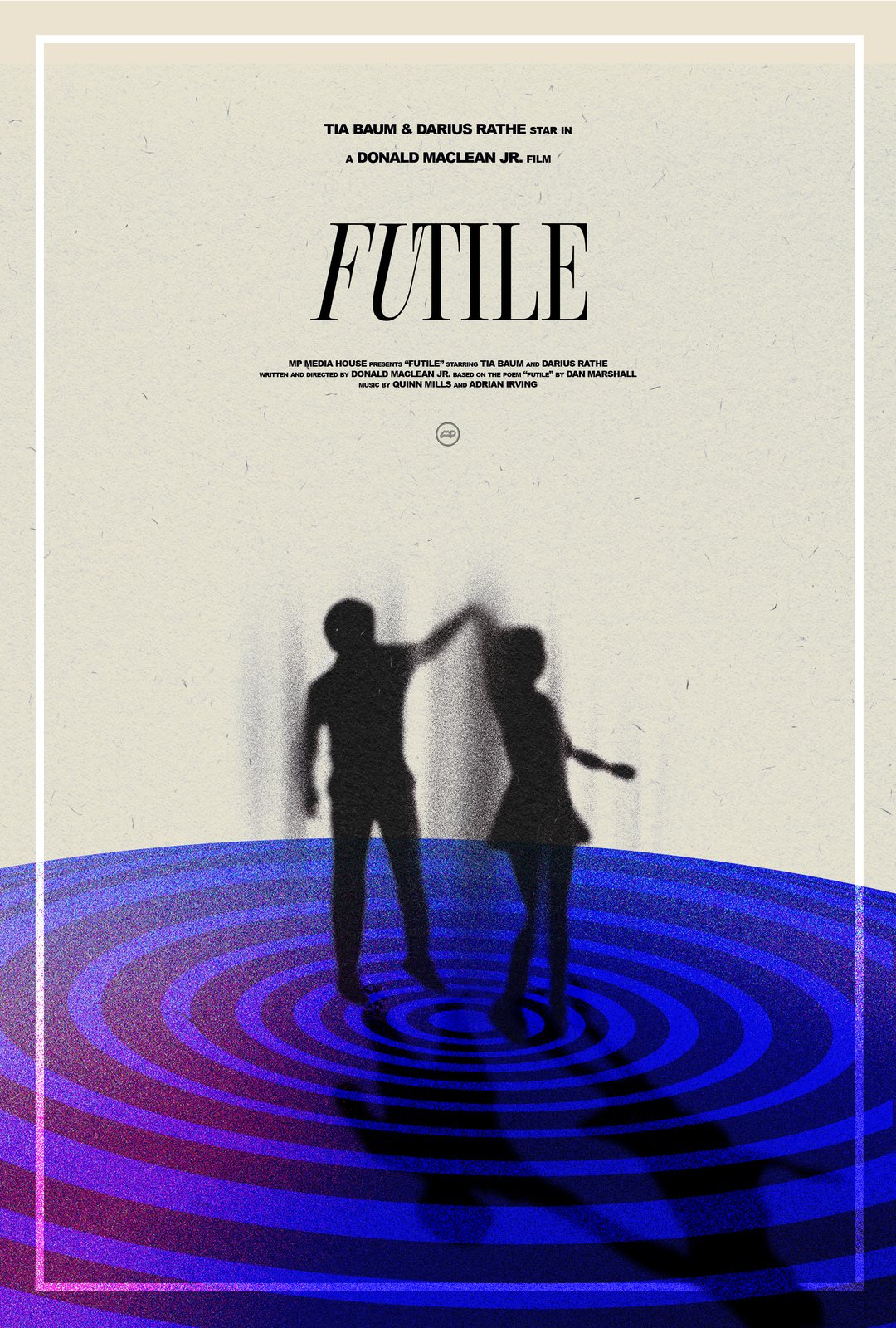 Futile poster: two silhouettes dancing over a blue spiral