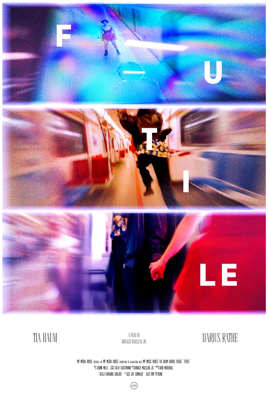 Futile poster built from blurred subway frames spelling the title