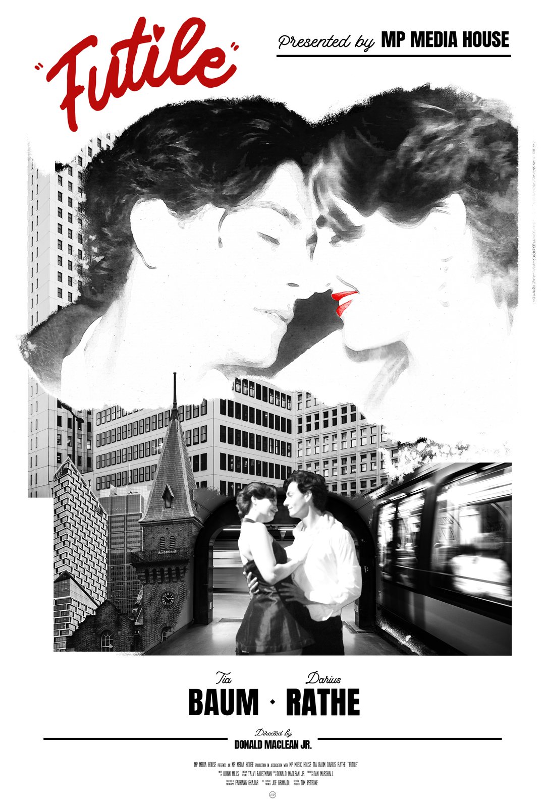 Futile poster: black-and-white collage of the leads and the city in red script