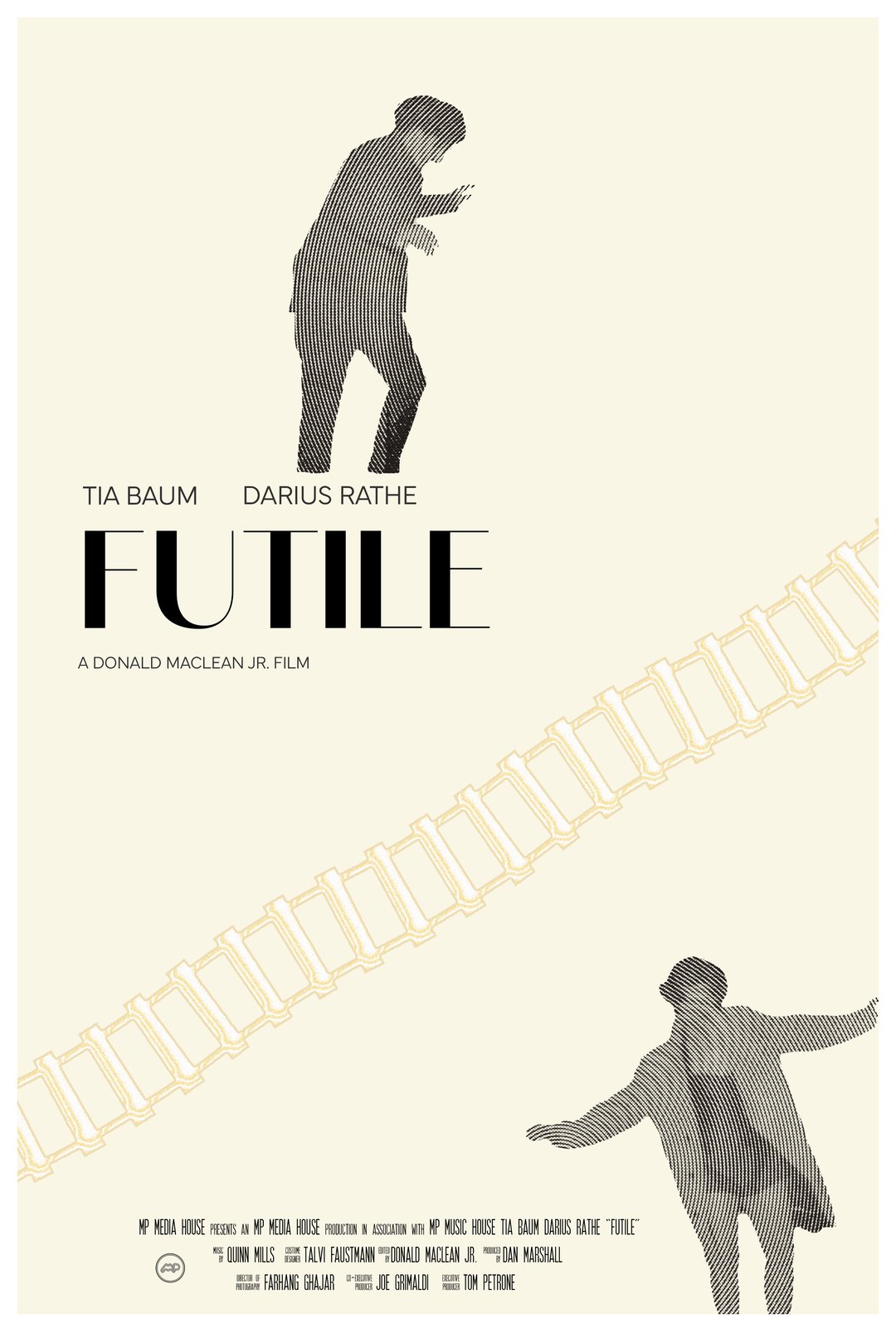 Futile poster on cream: a lone figure over a ladder of light