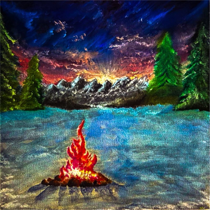 Painted campfire beneath mountains and a violet sky