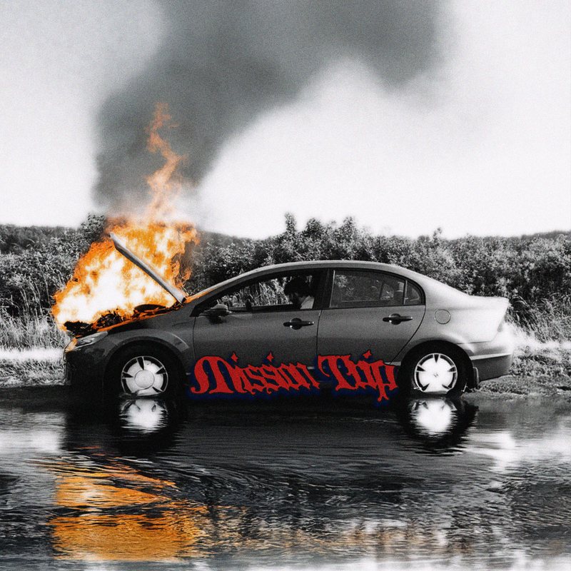 Black-and-white car burning in a flooded field with a red blackletter title