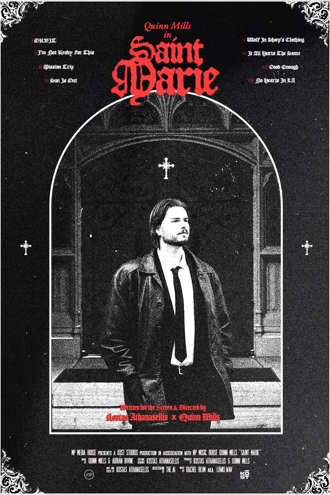 Saint Marie poster: Quinn Mills on church steps framed by a gothic arch, red blackletter title