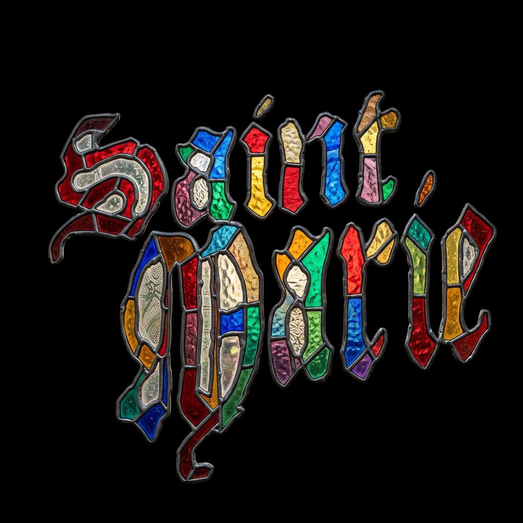 Saint Marie in stained-glass blackletter on black