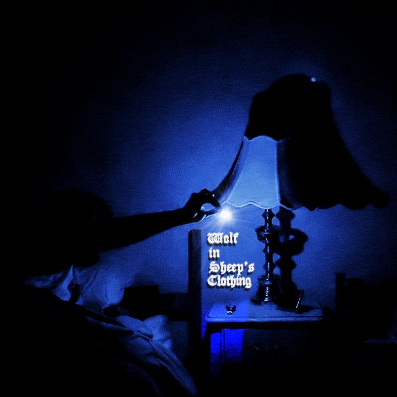 A hand at a bedside lamp in deep blue darkness, title on the lamp