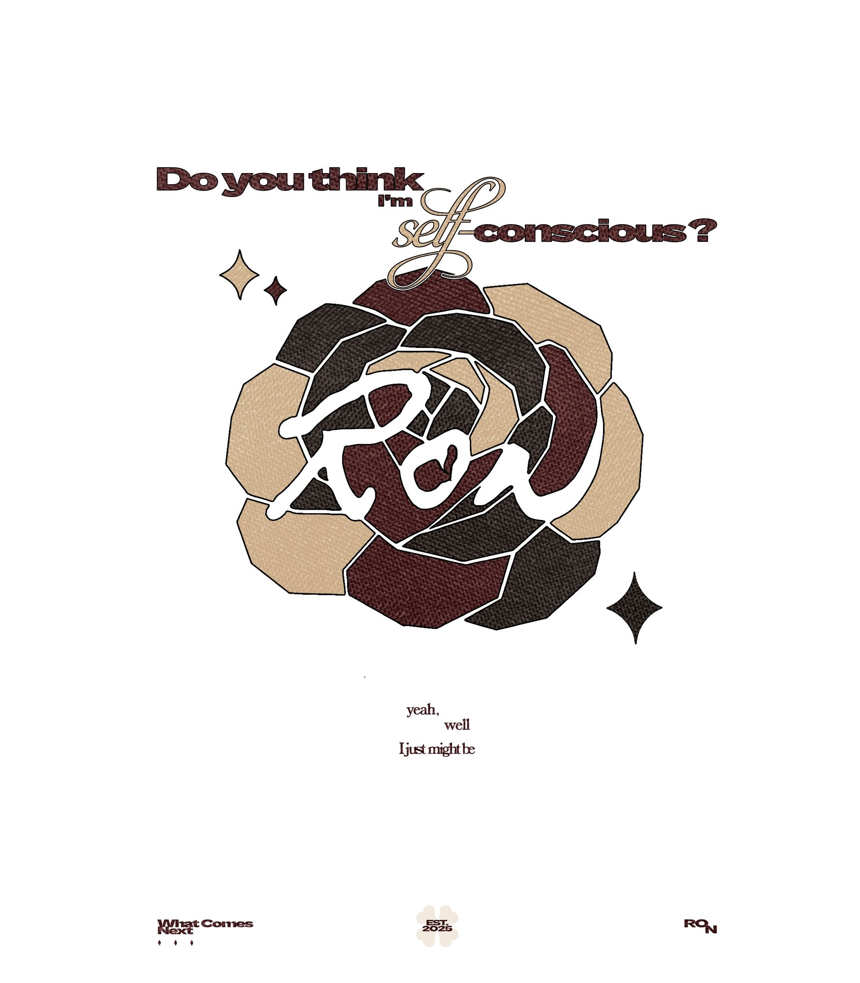 RON tote print: a rose behind the RON script under a question in serif type