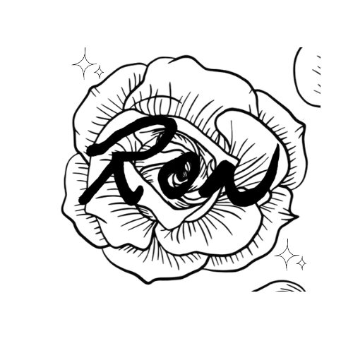 Line-drawn rose with the RON script