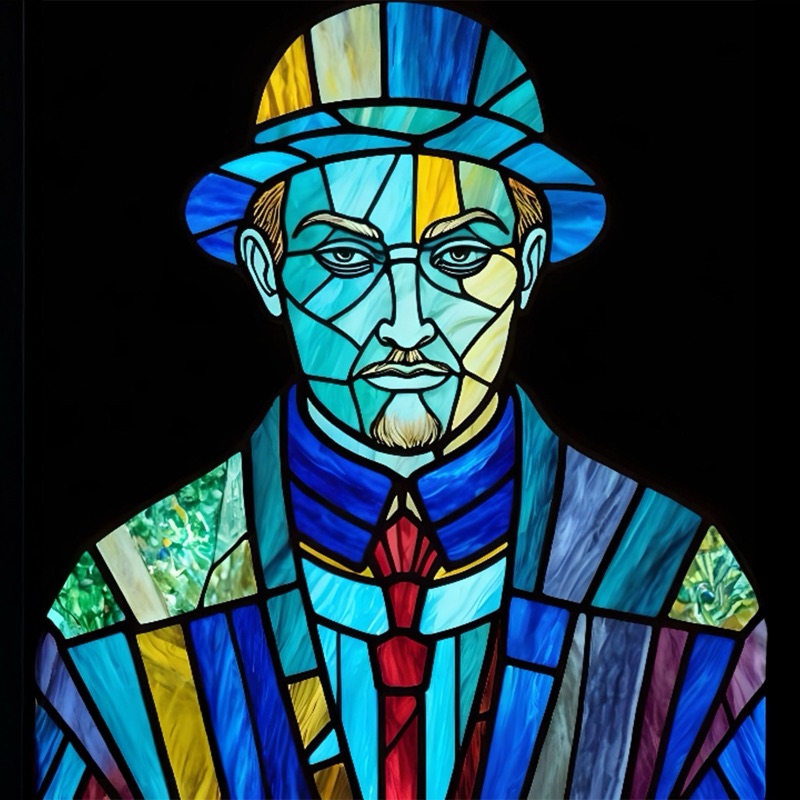 Stained-glass style portrait of a man in a hat, in blue, red and gold