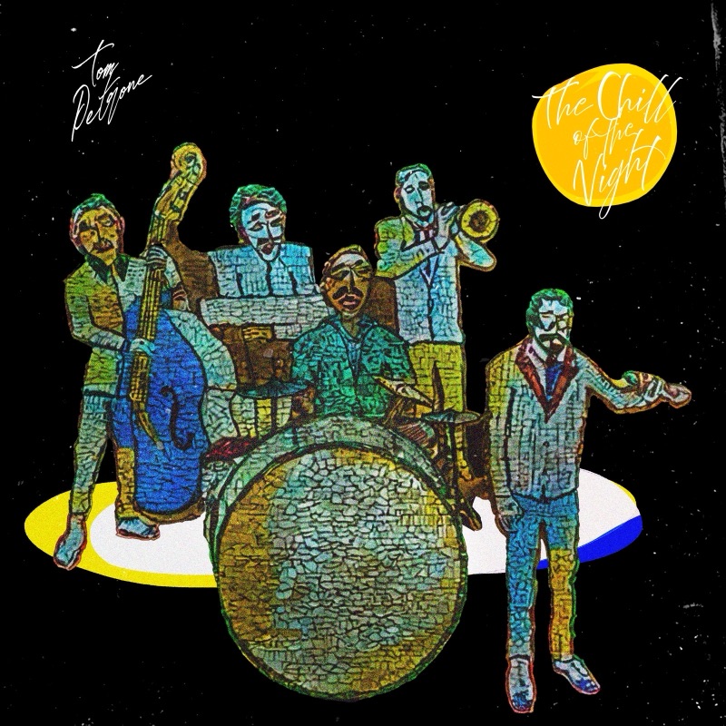 Illustrated band performing on stage against a dark night sky